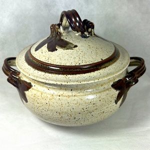 Studio Pottery Beige/Brown Pot with Handles and Lid with Handles
